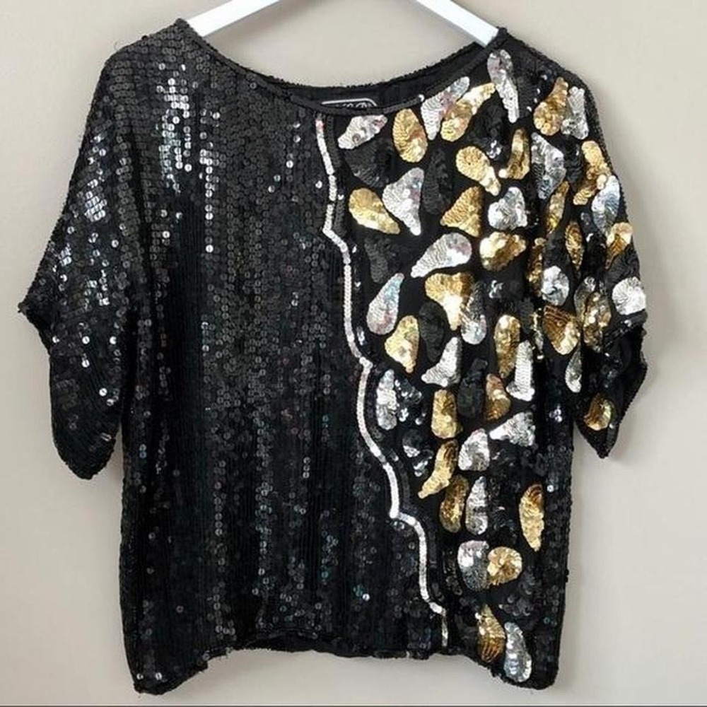 JLB Silk &‎ Sequin Top Vintage animal print  oversized size small super